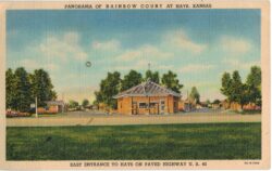 Linen postcard.  Panorama of Rainbow Court, Hays, Kansas.  East Entrance.