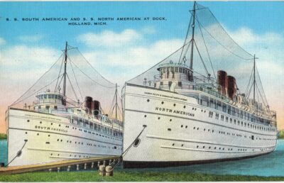 Linen postcard.  S S South American and S S North American at dock, Holland, Michigan. Ship, steamship.