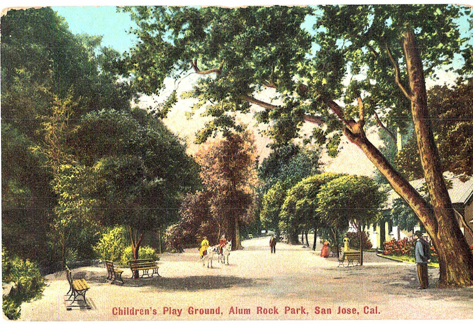 Old postcard. Children's Play Ground, Alum Rock Park, San Jose, California. 1908.