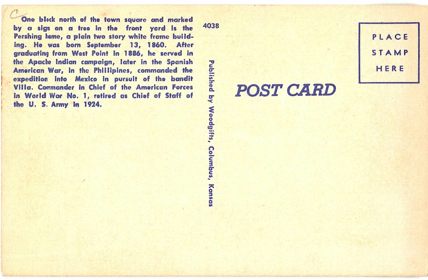 Linen postcard. Boyhood home of General John L Pershing, La Clede, Missouri. - Image 2