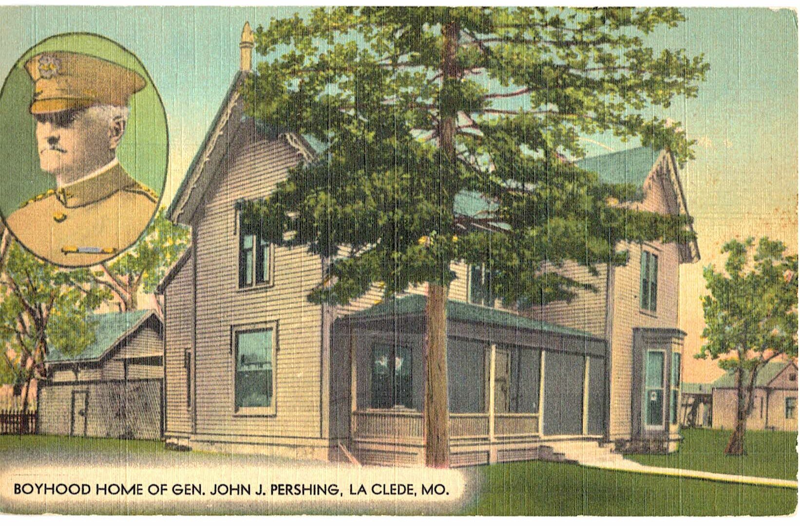 Linen postcard. Boyhood home of General John L Pershing, La Clede, Missouri.