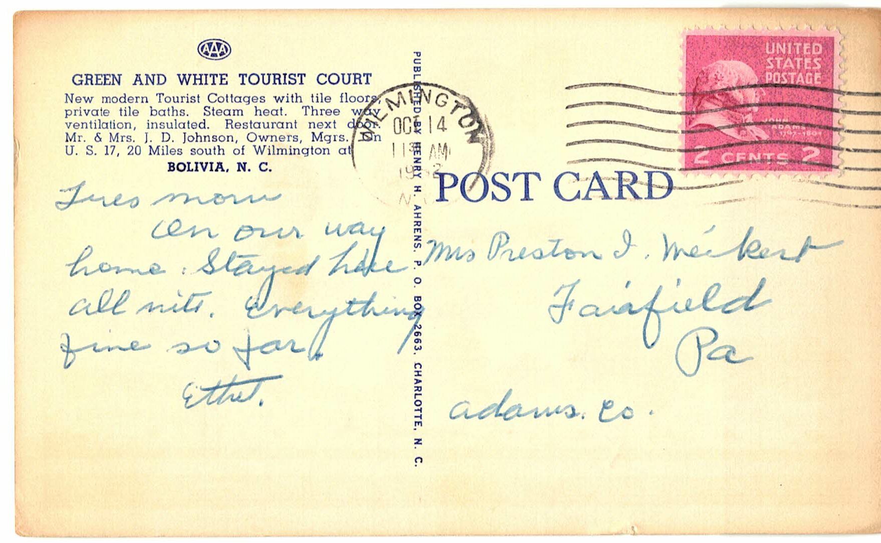 Linen Postcard. Green & White Tourist Cottages, Bolivia, North Carolina. 1952. Mr & Mrs J D Johnson Owners. - Image 2