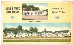 Linen Postcard. Green & White Tourist Cottages, Bolivia, North Carolina. 1952.  Mr & Mrs J D Johnson Owners.