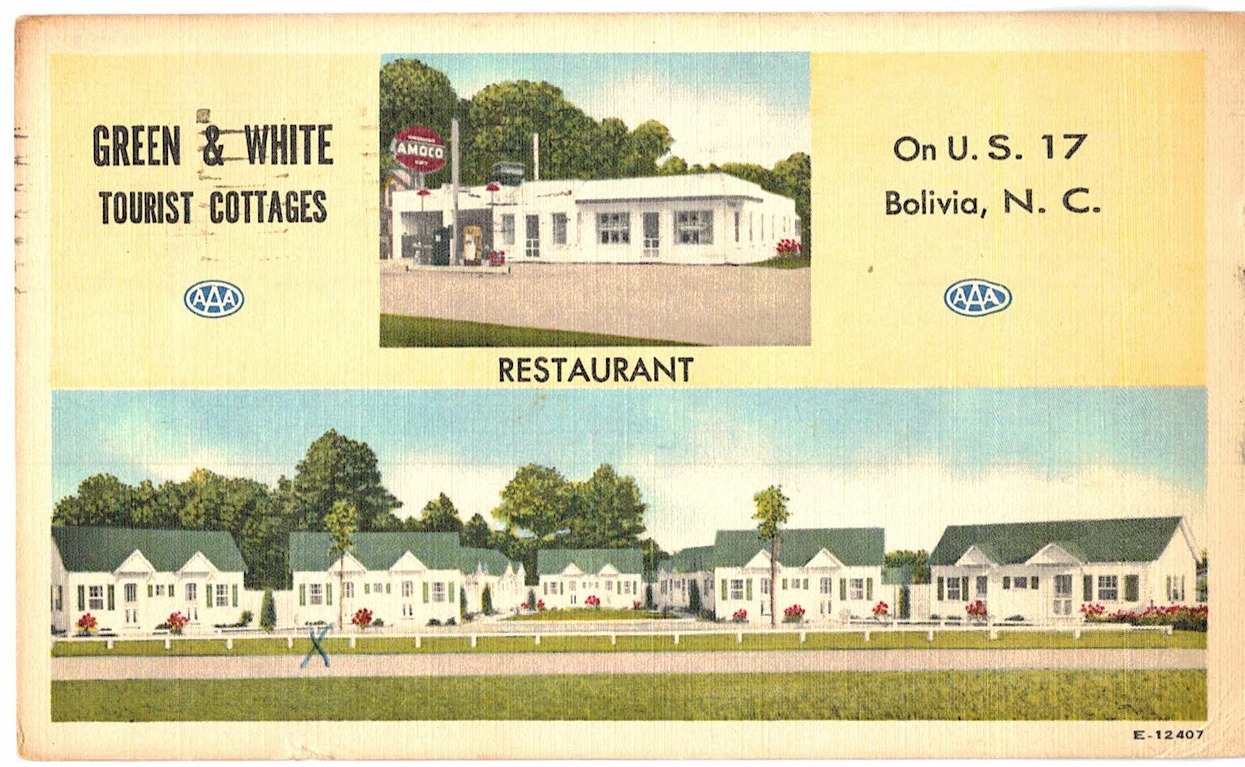 Linen Postcard. Green & White Tourist Cottages, Bolivia, North Carolina. 1952. Mr & Mrs J D Johnson Owners.
