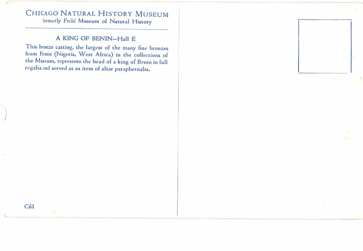 Chrome postcard. A King of Benin, bronze casting. Chicago Natural History Museum, Illinois. - Image 2