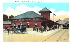 White border postcard.  L & W Station, Cortland, New York.  Train Station.  Horse and carriage.