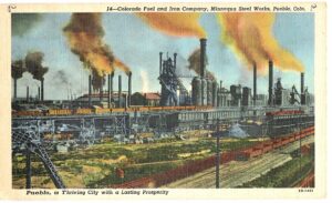 Linen postcard. Colorado Fuel and Iron Company, Minnequa Steel Works, Pueblo, Colorado. 1943.
