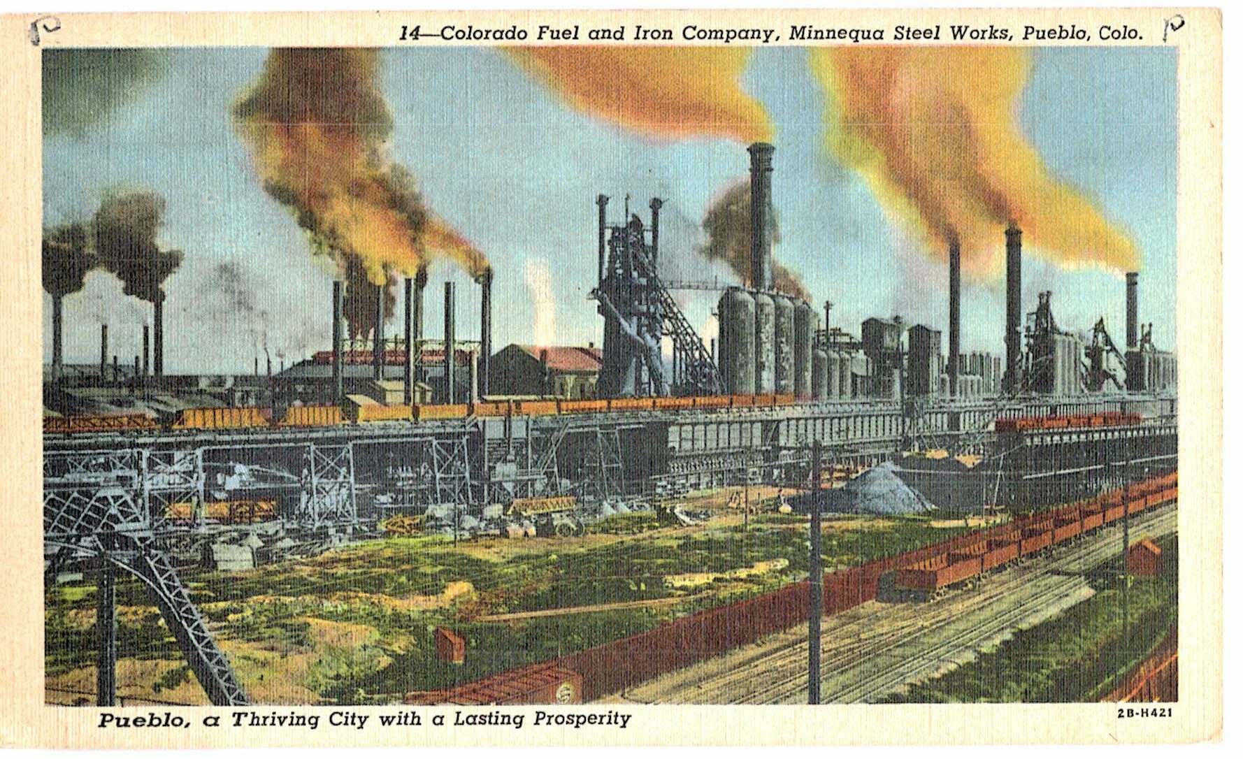 Linen postcard. Colorado Fuel and Iron Company, Minnequa Steel Works, Pueblo, Colorado. 1943.