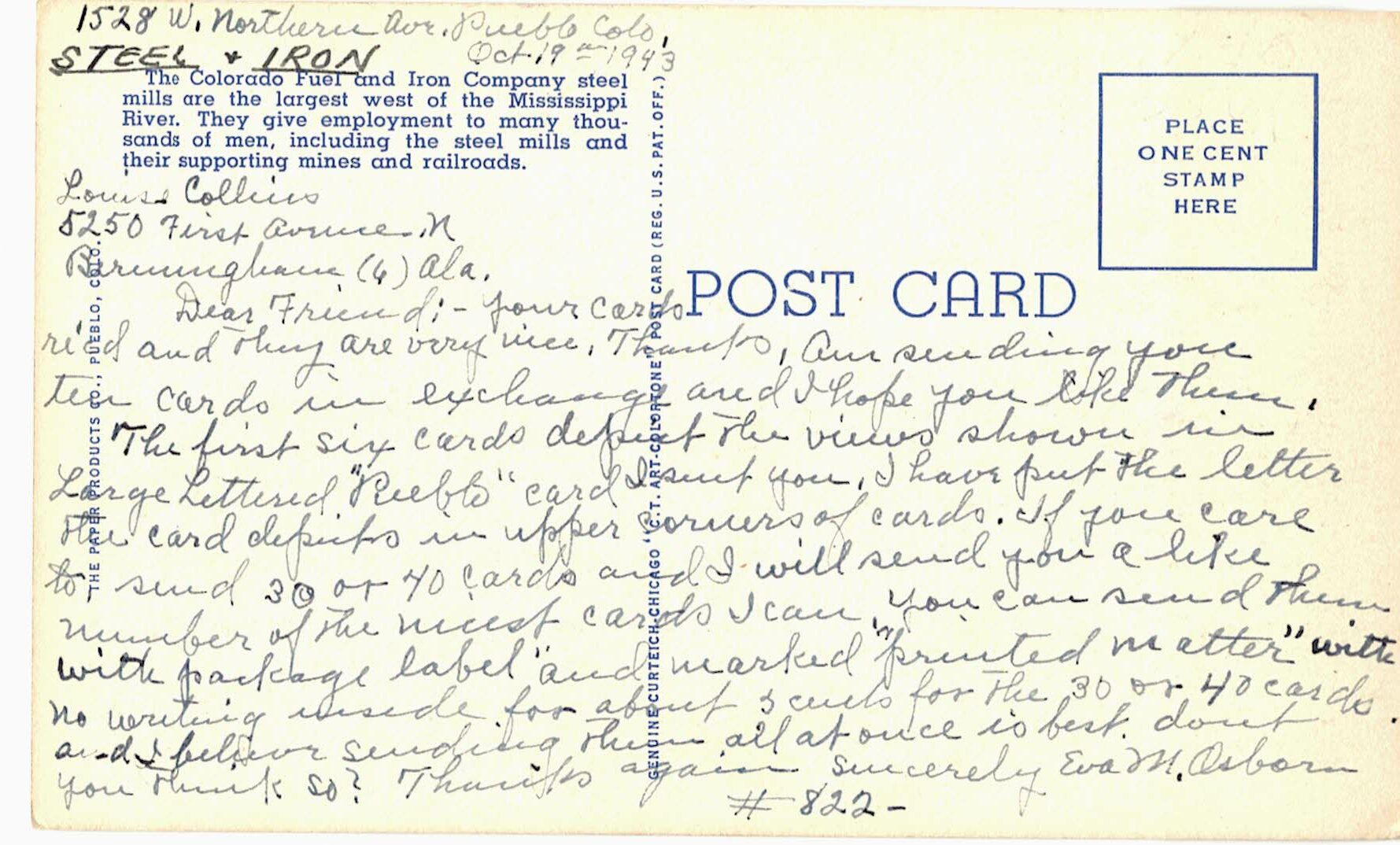 Linen postcard. Colorado Fuel and Iron Company, Minnequa Steel Works, Pueblo, Colorado. 1943. - Image 2