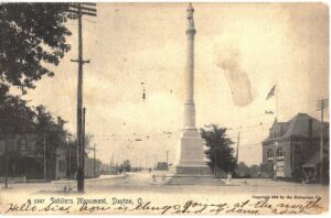 Old postcard.  Soldiers Monument, Dayton, Ohio. Undivided back, 1905.