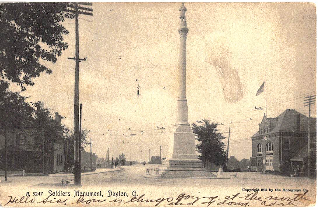 Old postcard. Soldiers Monument, Dayton, Ohio. Undivided back, 1905.