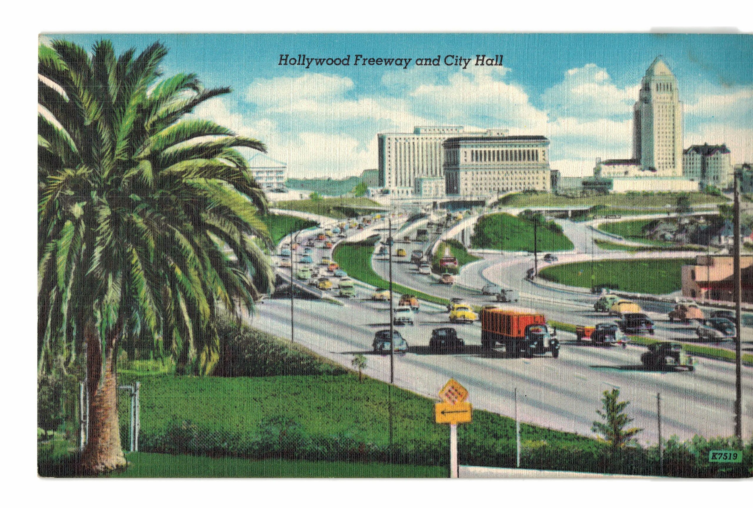 Linen postcard. Hollywood Freeway and City Hall, Hollywood, California.