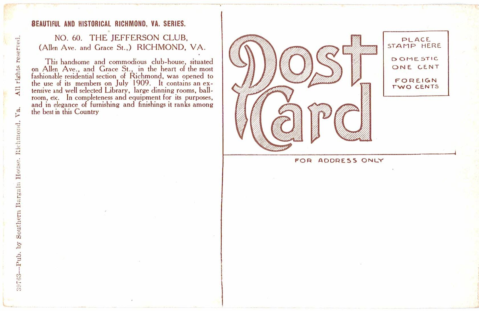 White border Postcard. The Jefferson Club, Allen Ave and Grace St, Richmond, Virginia. - Image 2