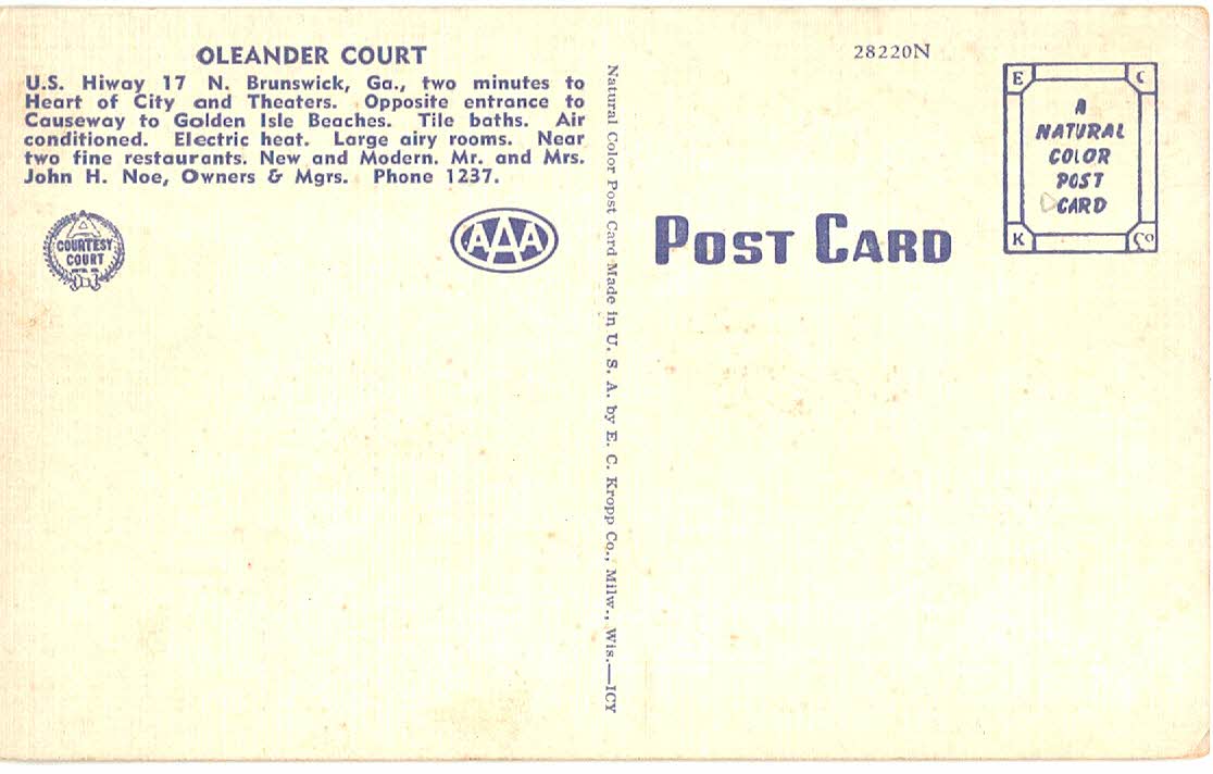 Linen postcard. Oleander Court, Brunswick, Georgia. Mr & Mrs John H Noe, Owners, Managers. - Image 2