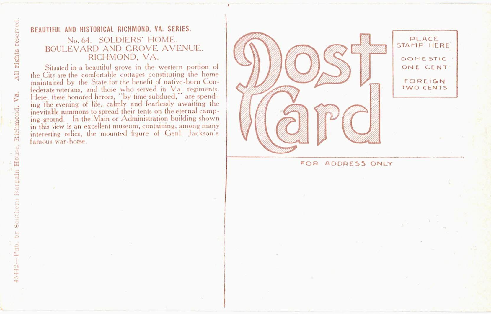 White border Postcard. Soldiers Home, Boulevard & Grove Avenue, Richmond, Virginia. - Image 2