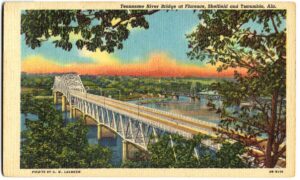 Linen postcard. Tennessee River Bridge at Florence, Sheffield and Tuscumbia, Alabama.