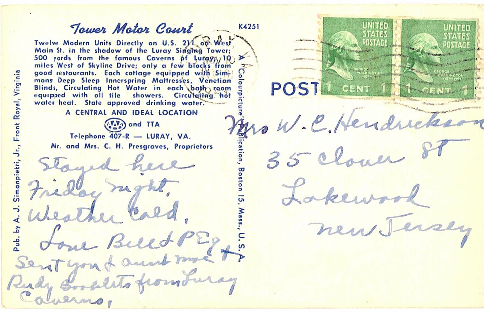 Linen postcard. Tower Motor Court, Luray, Virginia. 1951. - Image 2