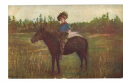 Old postcard. Looking for game.  Woman on a horse. 1 cent stamp postmark illegible.