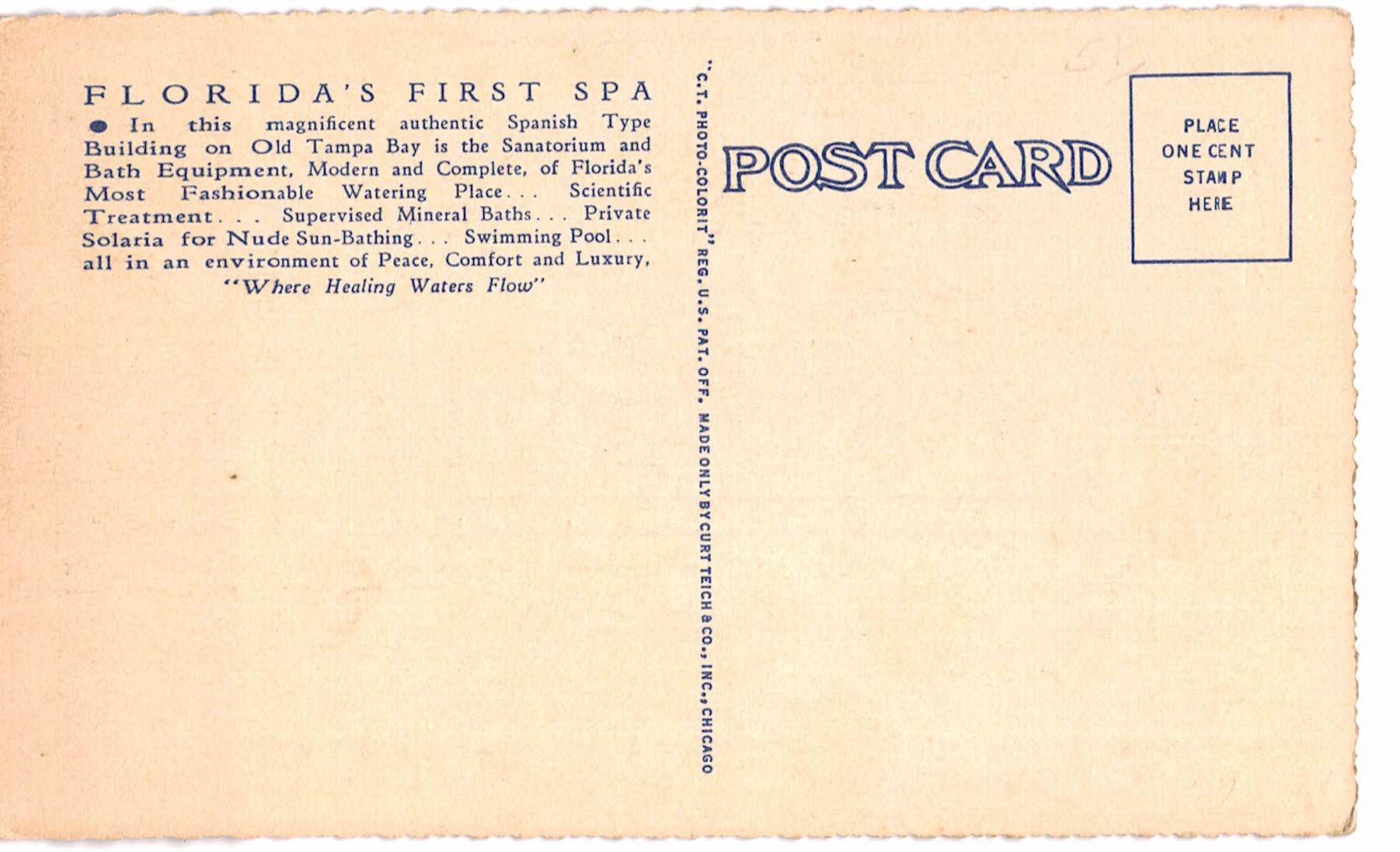 Linen postcard. Safety Harbor Sanatorium, Safety Harbor, Florida. - Image 2