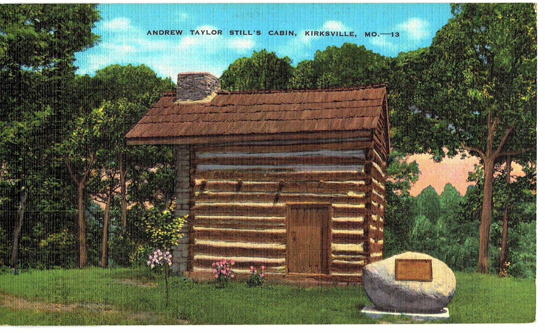 Linen postcard. Andrew Taylor Still Cabin, Kirksville, Missouri.