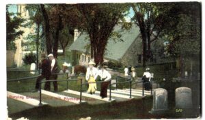 Old postcard. Burying Ground, Burial Hill, Plymouth, Massachusetts. People, church.