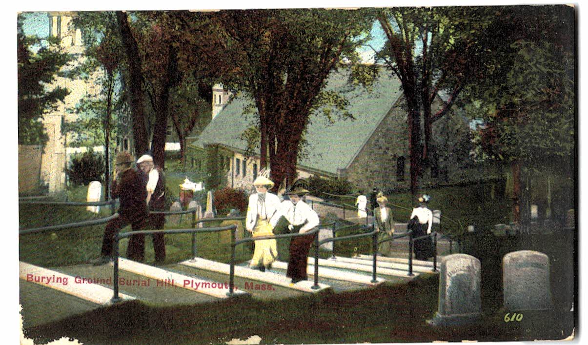 Old postcard. Burying Ground, Burial Hill, Plymouth, Massachusetts. People, church.