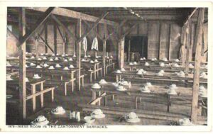 White border postcard. Mess Room in the Cantonment Barracks. World War I era. Undivided back.