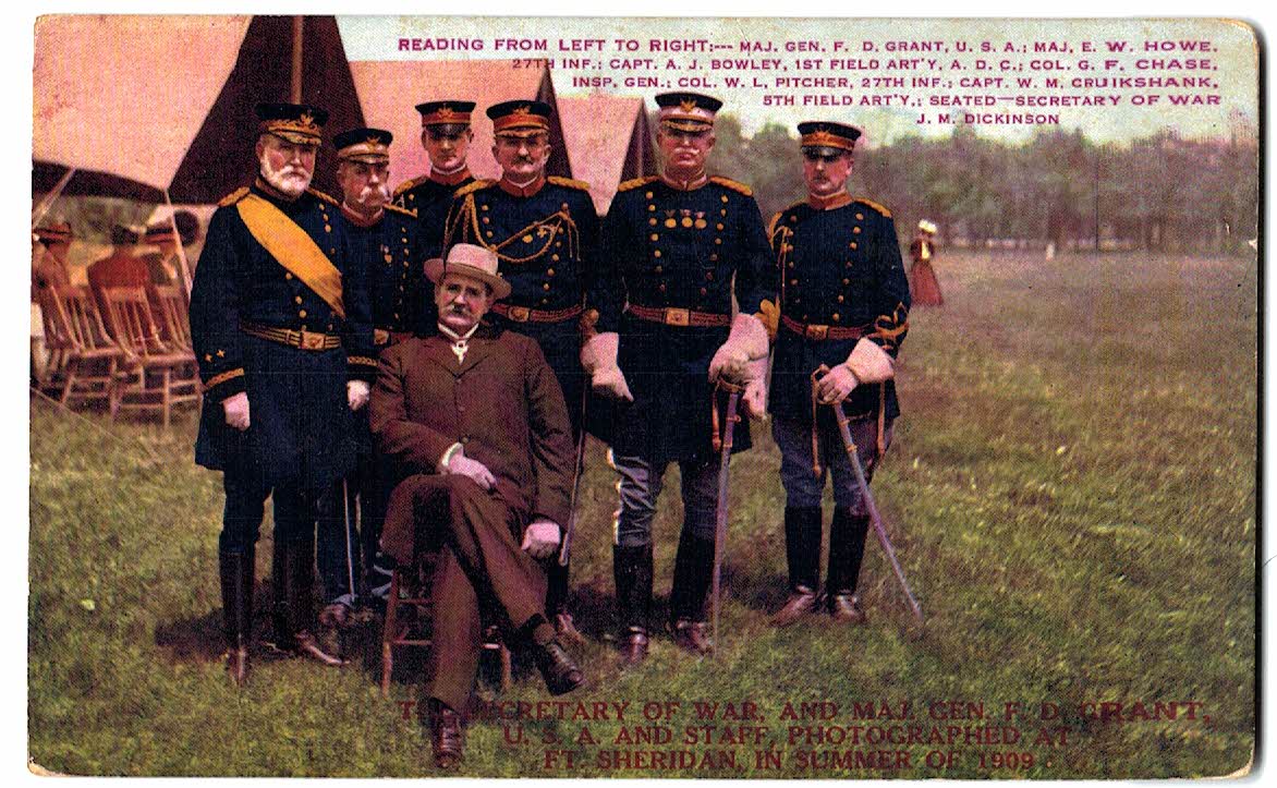 Old postcard. The Secretary of War and Major General F D Grant Fort Sheridan, 1909, Illinois.