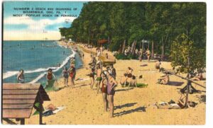 Linen postcard. Number 2 Beach and Beginning of Boardwalk, Erie, Pennsylvania. 1952. Presque Isle Park.