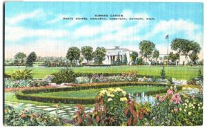 Linen postcard. Sunken Gardens, White Chapel Memorial Cemetery, Detroit, Michigan.