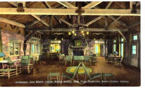Linen postcard.  Interior Abe Martin Lodge, Brown County State Park, Nashville, Indiana.