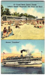 Linen Postcard.  Crystal Beach, playground, bath house.  Streamer Canadiana,  Ontario, Canada. 1951.