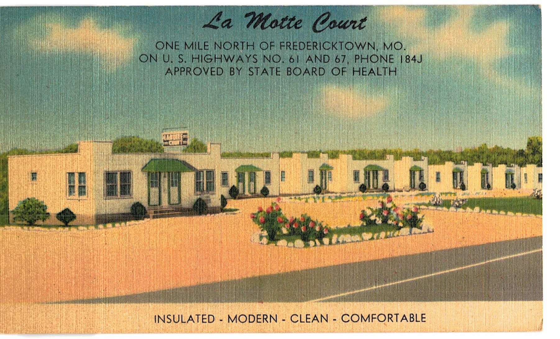Linen postcard. La Motte Court, Fredericktown, Missouri. Owned and operated by Mr and Mrs J J Wiegenstein.