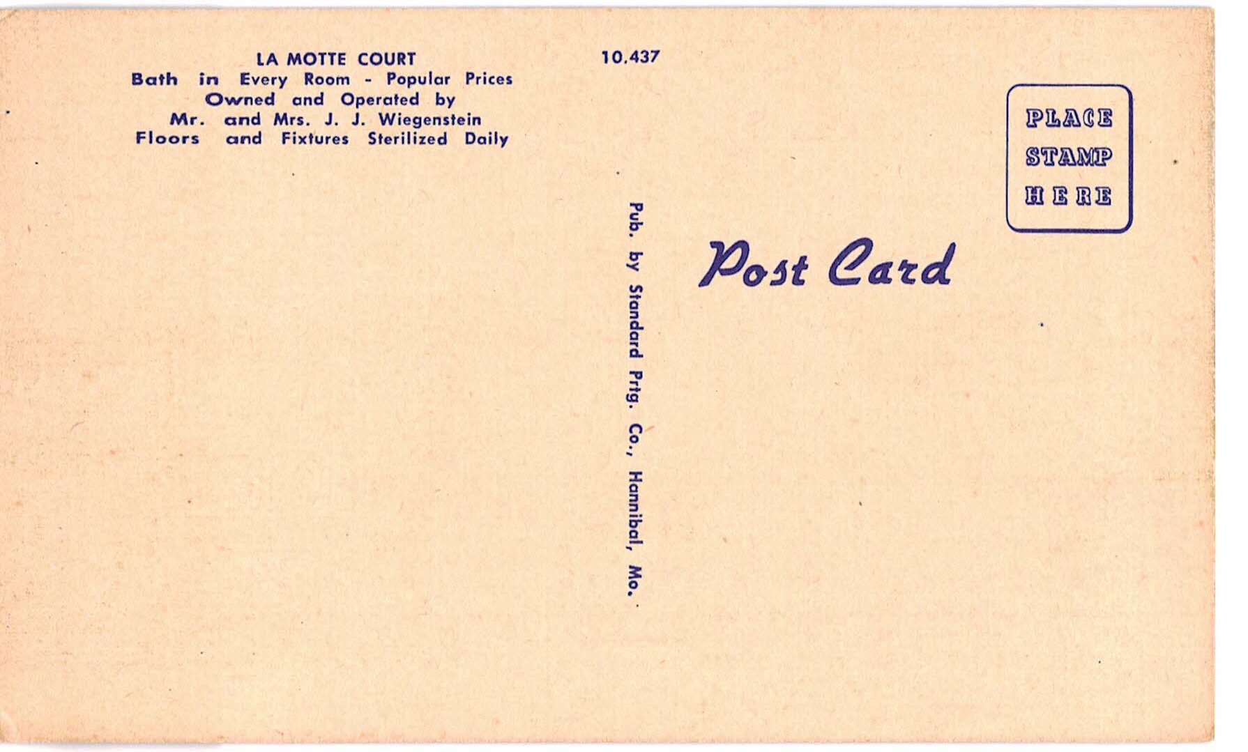 Linen postcard. La Motte Court, Fredericktown, Missouri. Owned and operated by Mr and Mrs J J Wiegenstein. - Image 2