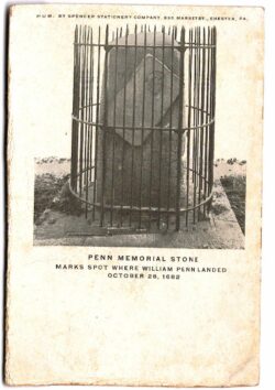 Old postcard.  Penn's Memorial Stone, marks spot where William Penn landed. Pennsylvania. Undivided back.