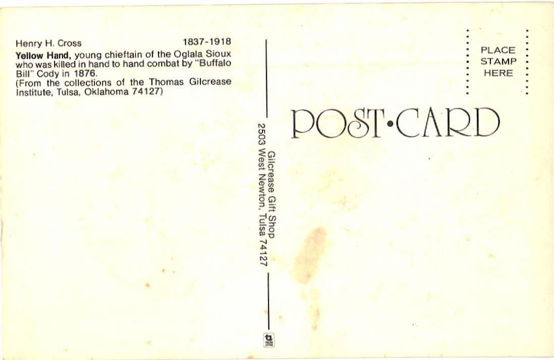 Chrome postcard. Yellow Hand, chieftain Oglala Sioux killed by Buffalo Bill Cody. Portrait by Henry H Cross. - Image 2