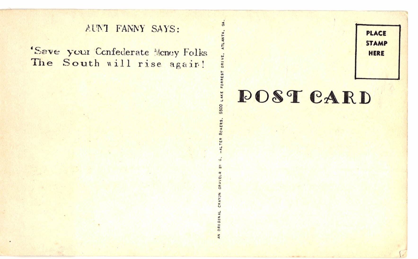 Postcard. Aunt Fanny's Cabin, Smyrna, Georgia. An Original Crayon Graveur by Walter Bowers. Real Southern Food near Atlanta. - Image 2