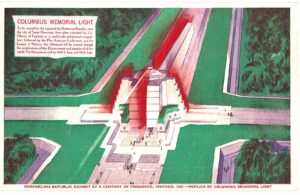 White border postcard.  Columbus Memorial Light, Dominican Republic, 1933 Chicago World's Fair, Illinois.