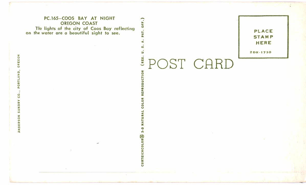 Chrome postcard. Coos Bay at night, Oregon coast. - Image 2