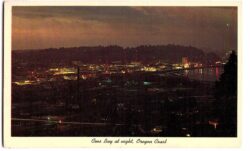 Chrome postcard.  Coos Bay at night, Oregon coast.
