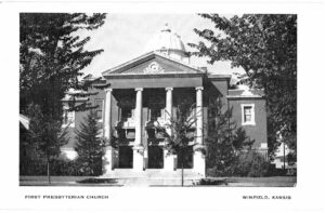 White border postcard.  First Presbyterian Church, Winfield, Kansas.