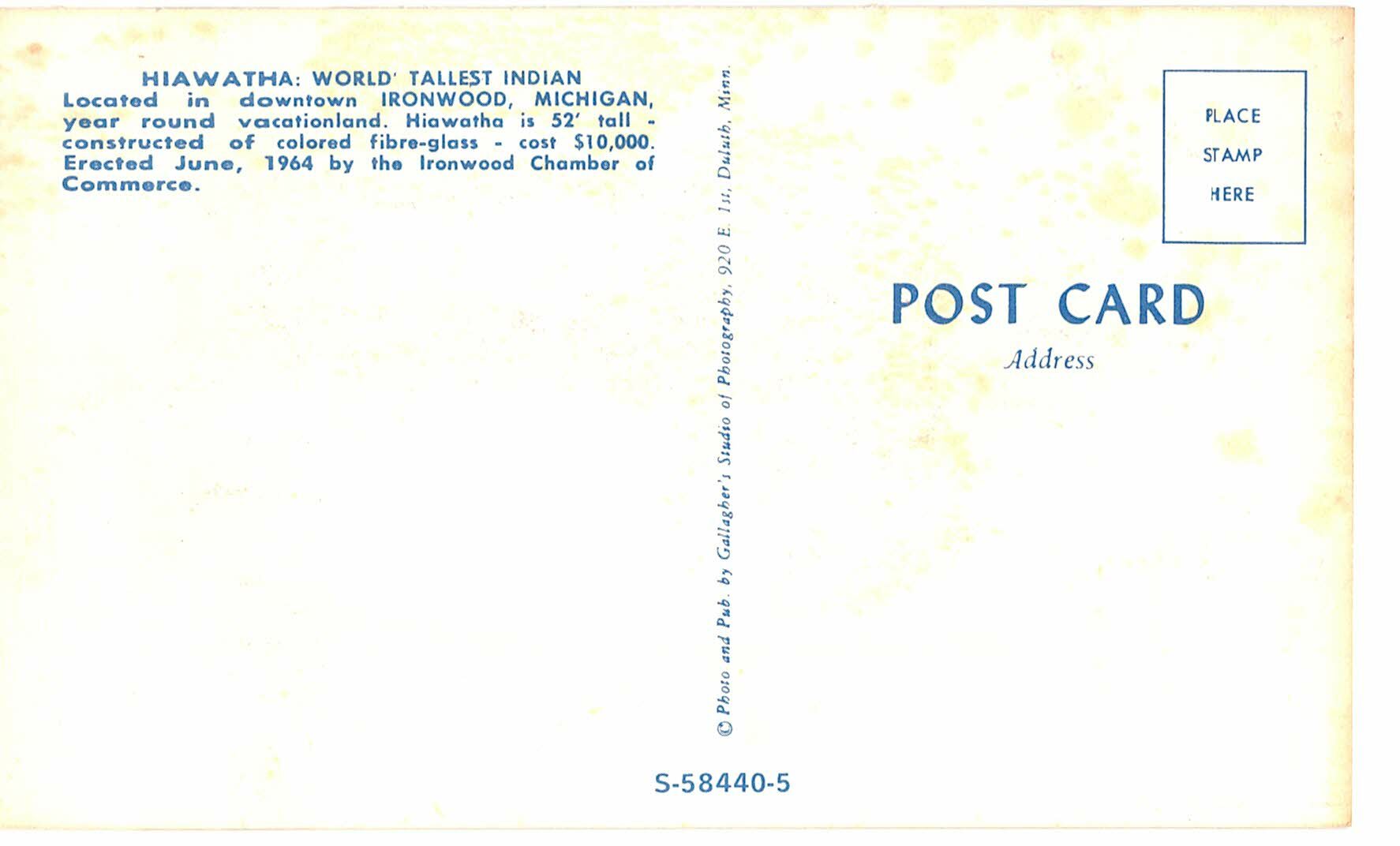 Chrome postcard. Hiawatha, Ironwood, Michigan. Tallest Indian. - Image 2