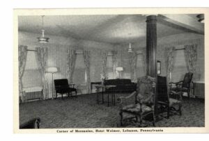 White border postcard.  Corner of Mezzanine, Hotel Weimer, Lebanon, Pennsylvania.