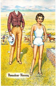 Chrome postcard. Rancher Nancy, First Lady Nancy Reagan paper doll signed by artist Art Strader, designer Coralie Dixon Sparre.