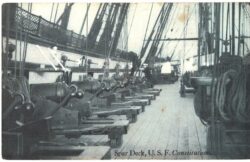 Postcard.  Spar Deck, USF Constitution.  Ship, long gun bow chasers, carronades.