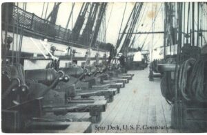 Postcard.  Spar Deck, USF Constitution.  Ship, long gun bow chasers, carronades.