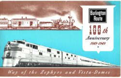Chrome postcard.  Burlington Route, 100th anniversary.  Zephyrs and Vista-Domes. Train.