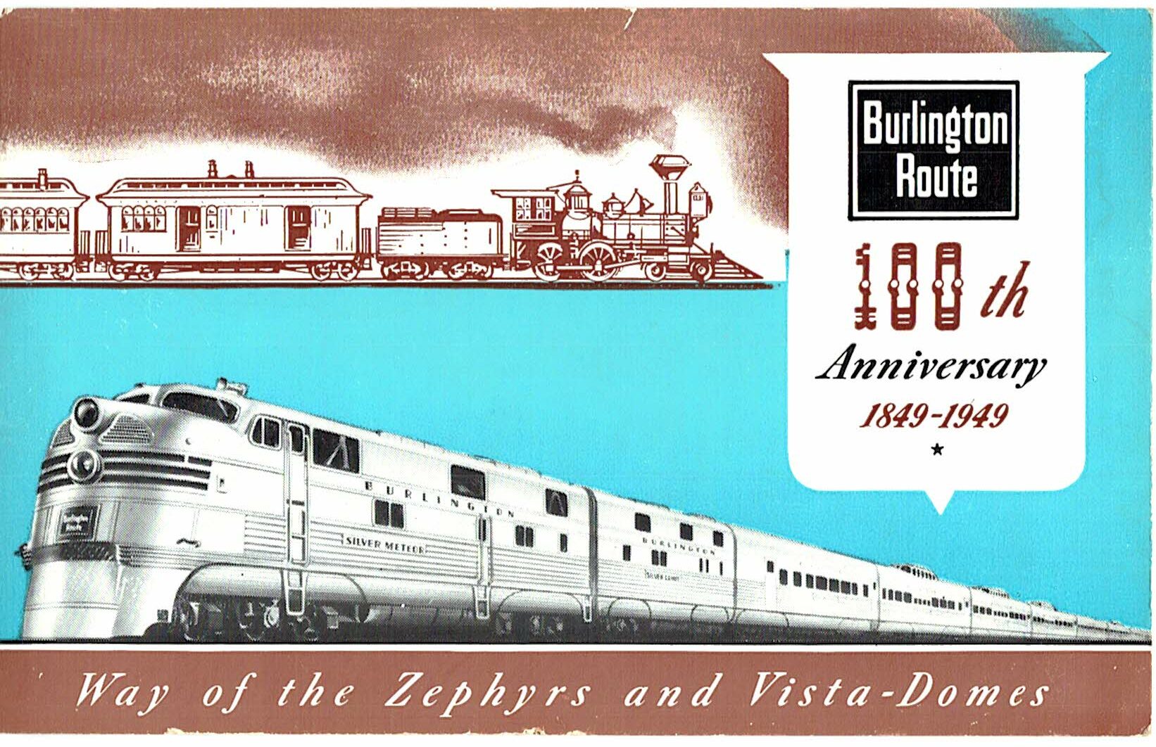 Chrome postcard. Burlington Route, 100th anniversary. Zephyrs and Vista-Domes. Train.