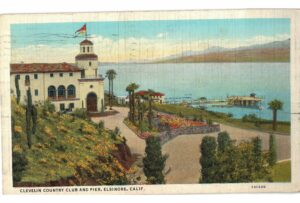 Linen postcard.  Clevelin Country Club and Pier, Elsinore, California.  1937.