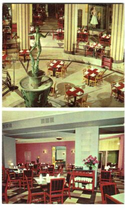 Chrome postcard. Tracy's Restaurant, Chicago, Illinois. Diana Court, Fountain, Dining Room.